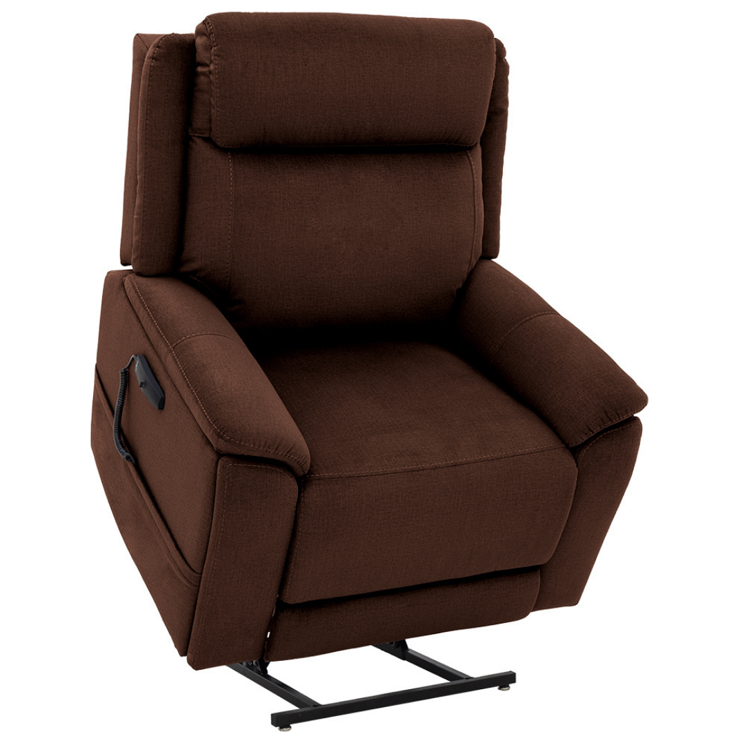 The Pride Mobility Evolution Collection Power Lift Recliners offer plush brown upholstery, padded armrests, and a built-in lift mechanism with an elevated metal base—ideal for anyone seeking premium recliner features.